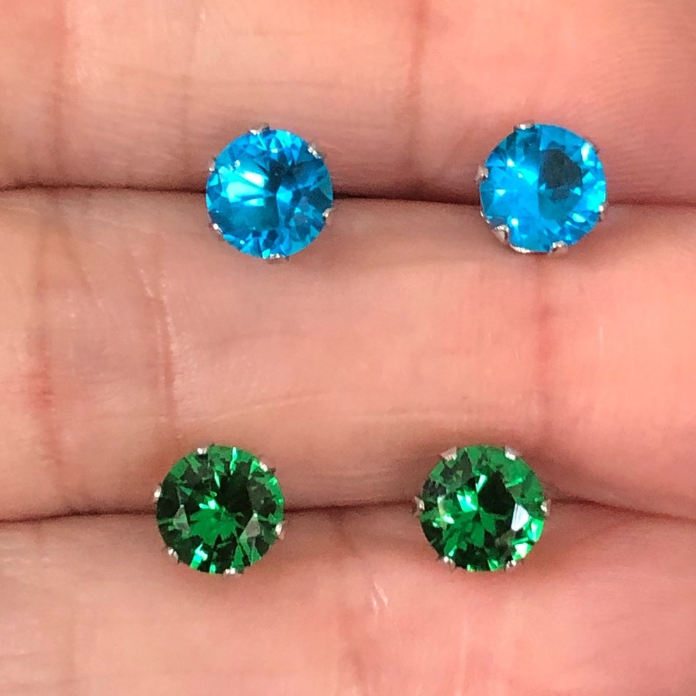 Dark Aquamarine & Emerald Green 6mm Stainless Steel Stud Earrings NWT